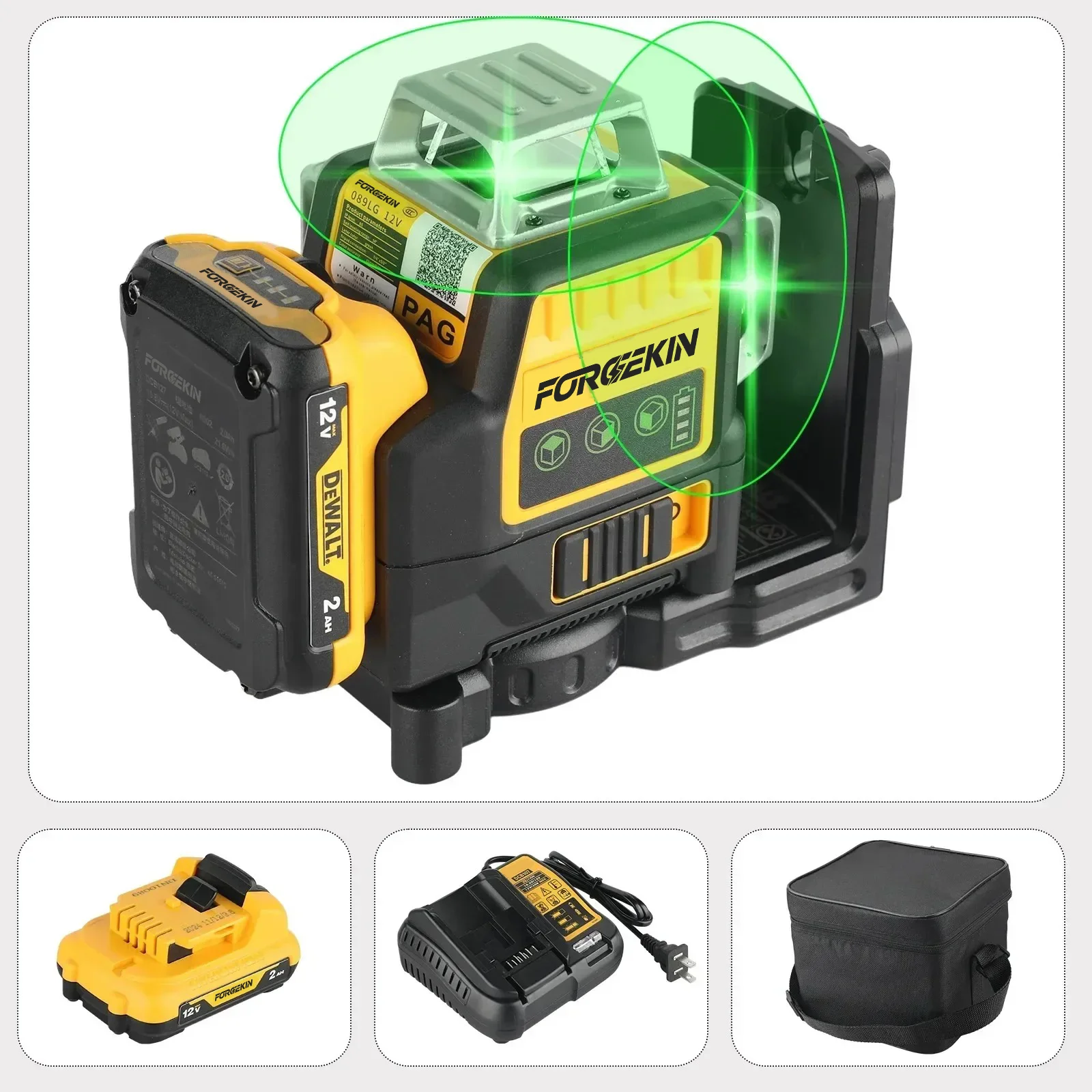 FORGEKIN DW089LG – zielony laserowy poziomomierz, 12 linii, 3 strony, zakres 360 stopni. ° Poziomo Pionowo | Pomiar poziomu na zewnątrz do pinu akumulatora DEWALT — 2