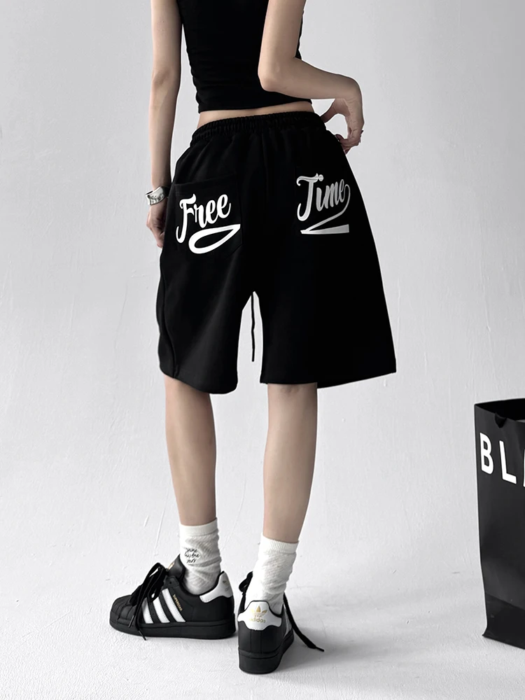 Letnie luźne spodnie damskie w stylu casual z modnym nadrukiem liter, długość do połowy łydki, wysoki stan, proste nogawki...