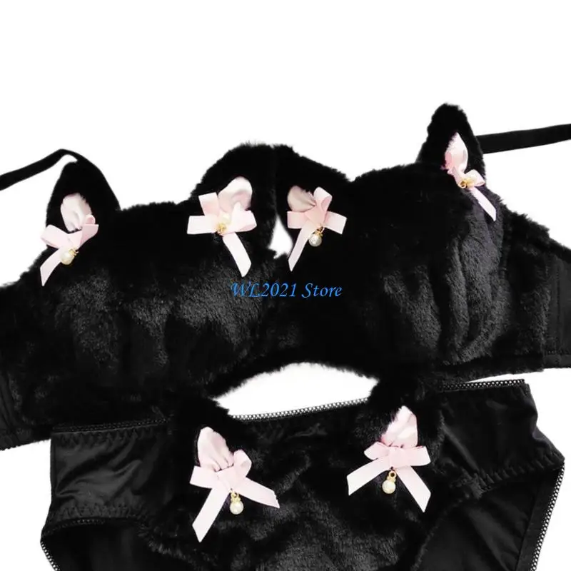 

G5GC Funny Cats Underwear Set Faux Furs Bra Top and Panty Plush Lingerie Set Women