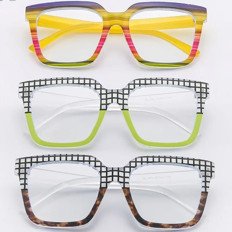 Large Frame PC Anti Blue Light Flat Glasses Multi Color Checkered Style Women's Anti Fatigue Computer Glasses Anti Blue Light