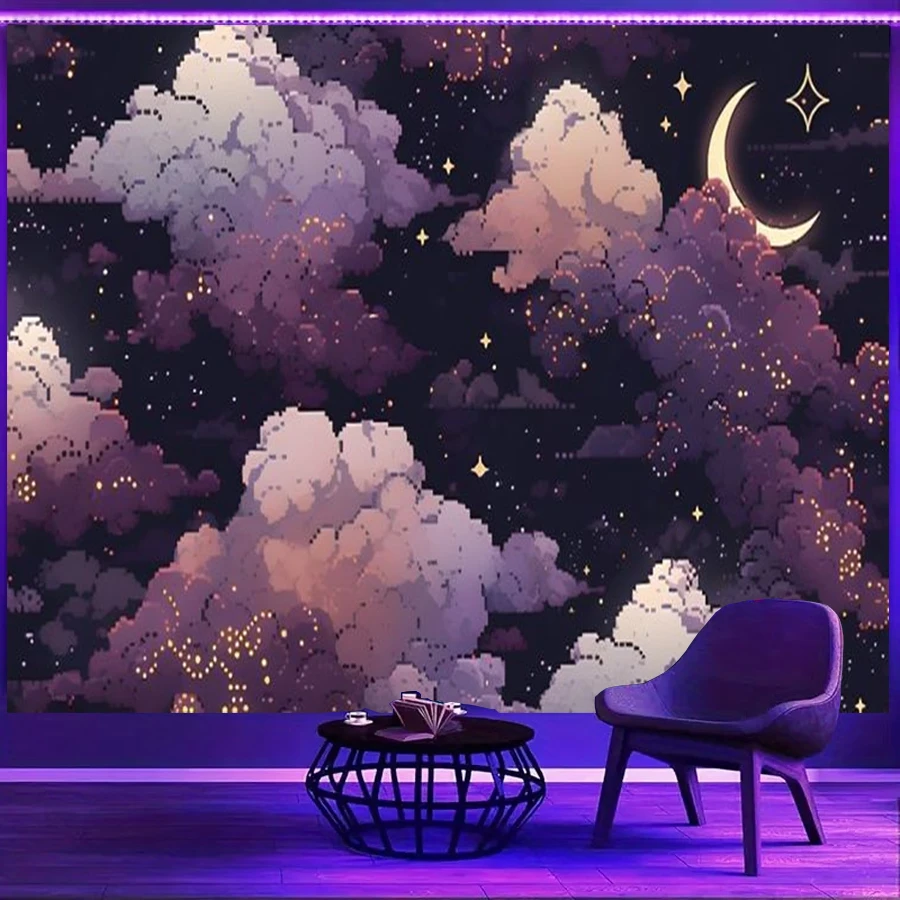 1PC Pixel Moon Cloud Starry Print Backdrop Banner, Bedroom Living Room Photo Background, Polyester, Home Decor, Wall Art