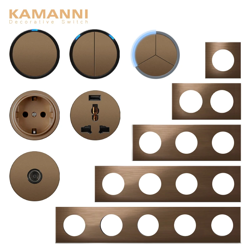 KAMANNI Brown Brushed Aluminum Wall Switch EU French Socket USB Charger RJ45 Modules TV module DIY Free Combination