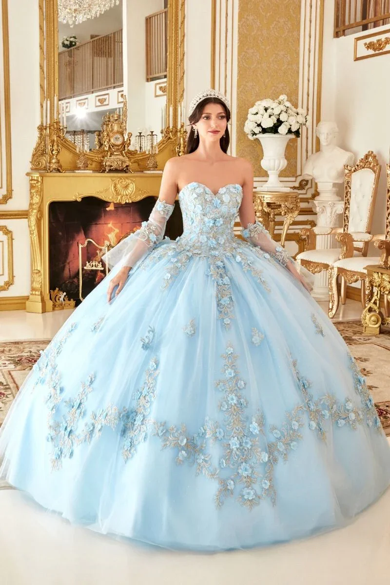 فستان Quinceanera الأزرق تول لامع ثلاثية الأبعاد مزين مشد مثير فيستدوس دي أنيق مسابقة الأميرة عيد ميلاد مساء الكرة ثوب