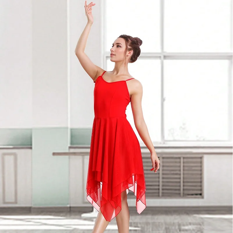 المرأة غنائية الحديثة السباغيتي فستان بحزام الباليه ملابس رقص الجمباز للكبار تنانير الرقص الغنائية مع بطانة أمامية ناعمة Dancewear