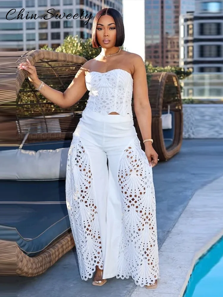 

Выдалбливают однотонный женский топ, комплект с широкими штанинами и высокой талией, женские комплекты брюк, модный кружевной костюм без рукавов без бретелек 2025 года, женский костюм-рубашка