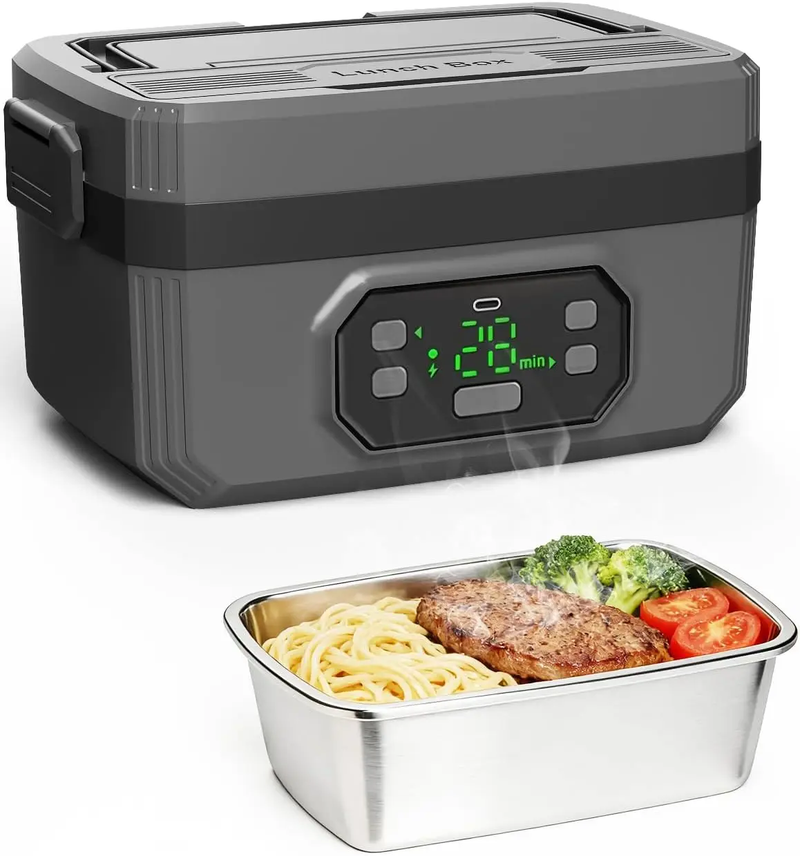 

Portable Electric Lunch Box, 1.2L Stainless Steel, Rechargeable Heated Food Warmer with Timer for Office Car Outdoor