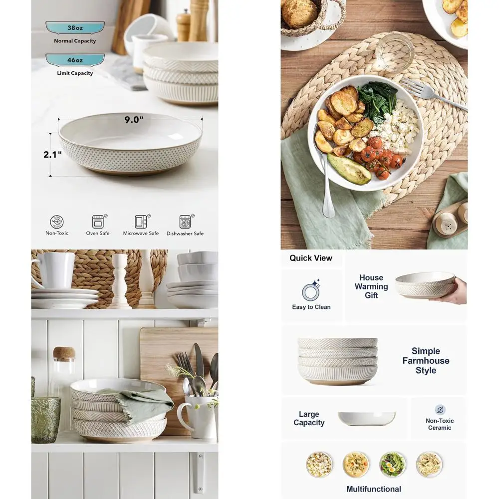 

9 Inch Arctic White Stoneware Bowl Set of 4 - Large Pasta, Salad, Serving, Fruit Bowls