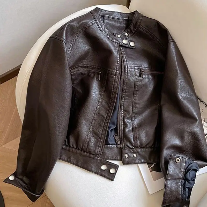 Women's PU Jacket New Autumn Winter Clothing 2025 Long Sleeve Faux Leather Crop Coat Biker Style Casual Personality Y2k Tops