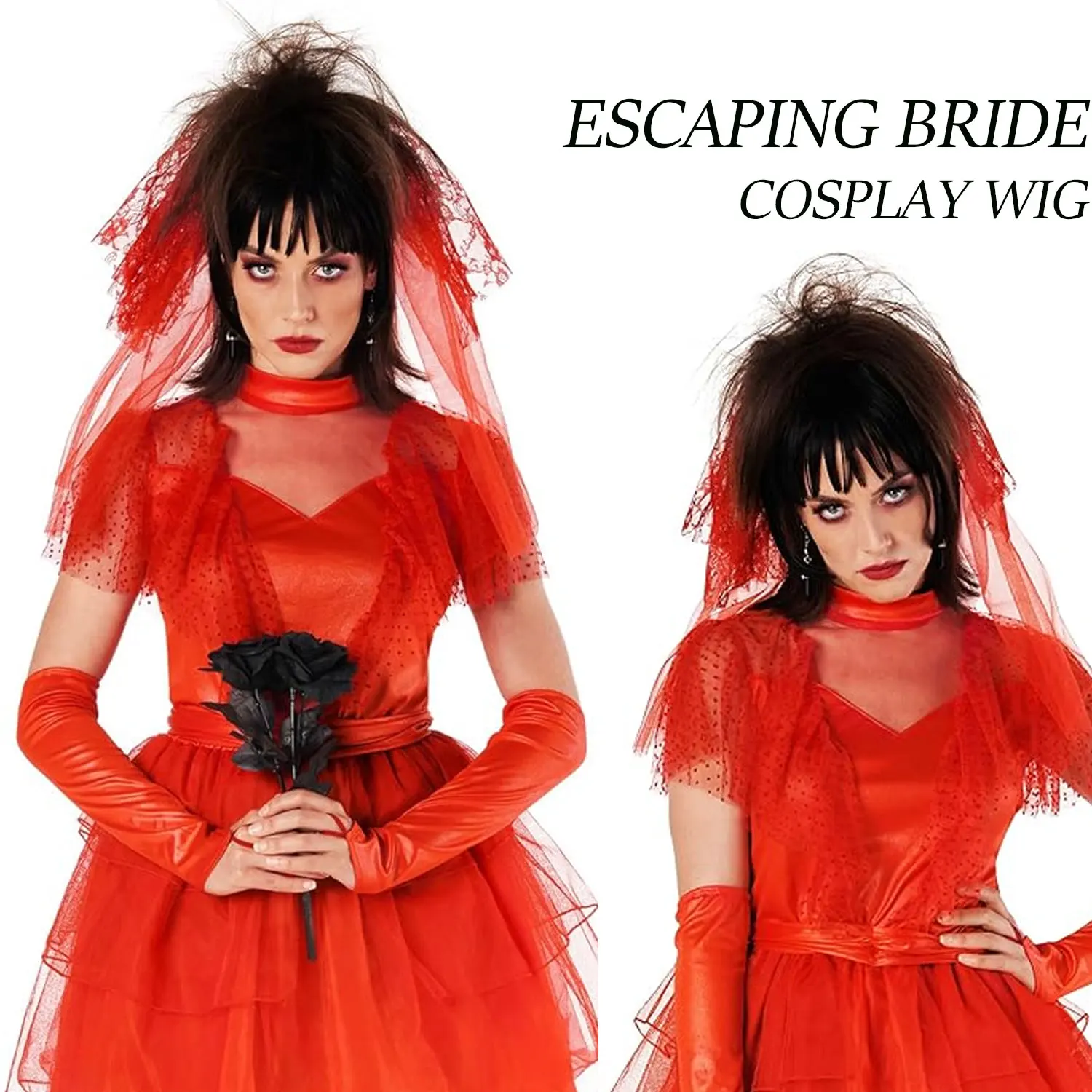 شعر مستعار Lydia Deetz-Black تأثيري الاصطناعية مع كعكة ، شعر مستعار للعروس للنساء ، أزياء هالوين