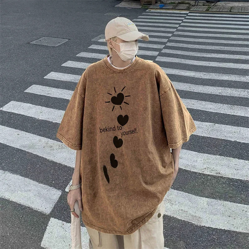 

Summer Men's Love Print Short Sleeve T-shirt Distressed Y2K Vintage Cotton Tee Shirts 2025 New Hip Hop Fashion Streetwear Tops