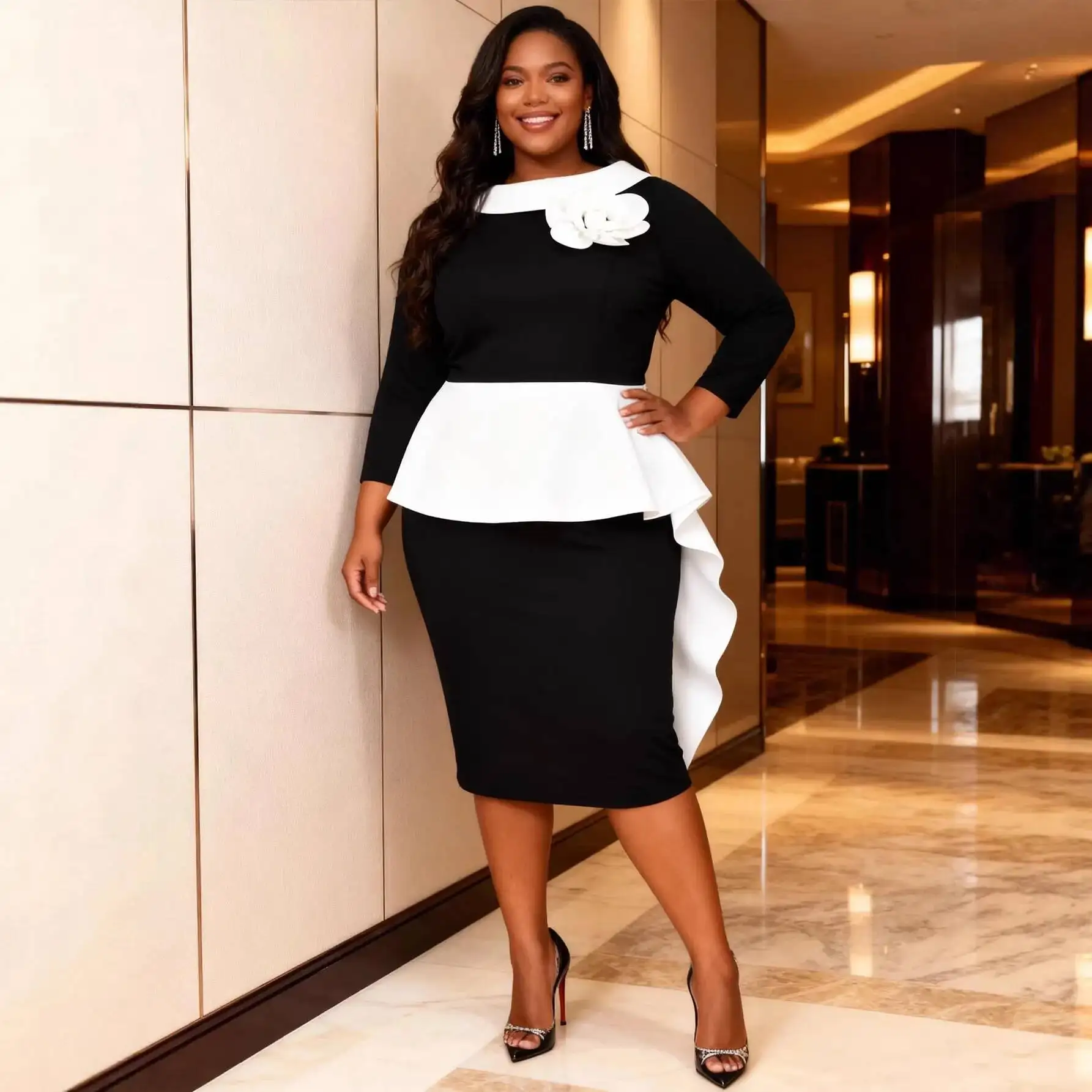 Plus-size Women's Dress With Contrasting Colors And Three-dimensional Floral Design, Long Sleeves, Ruffled Hem, Waist-cinching