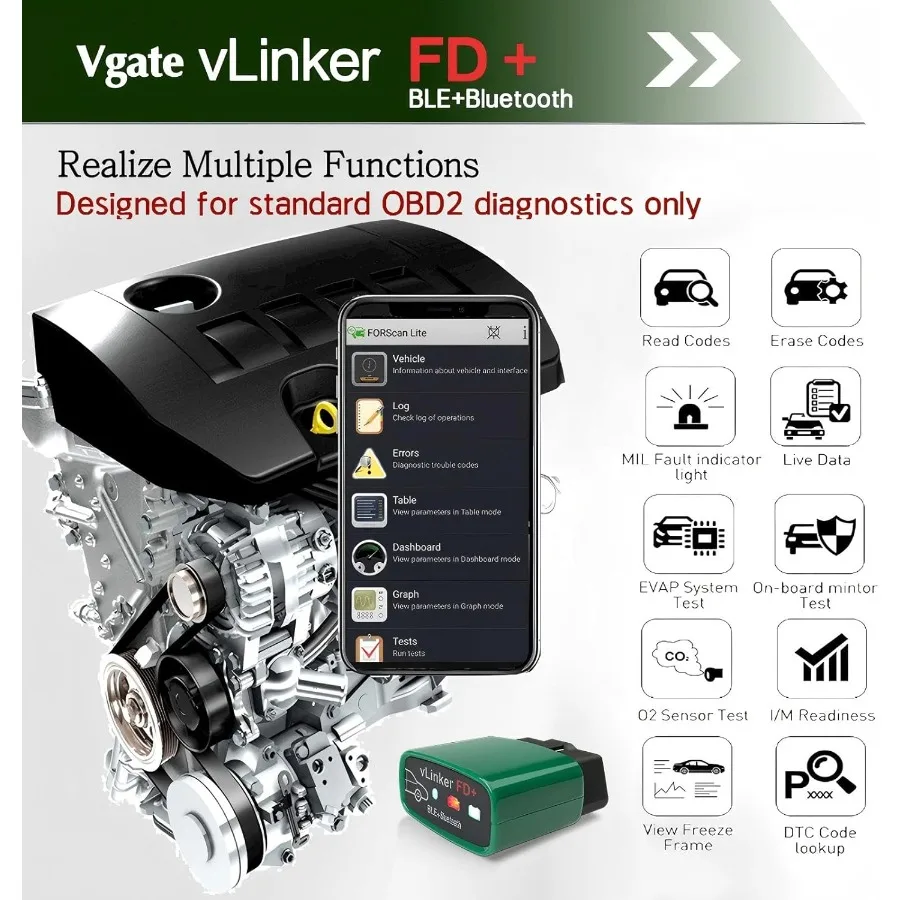 vLinker FD+ OBD2 Bluetooth Adapter Diagnostic Code Reader for iOS Android Windows with MS-CAN and ELM327 Support for Real