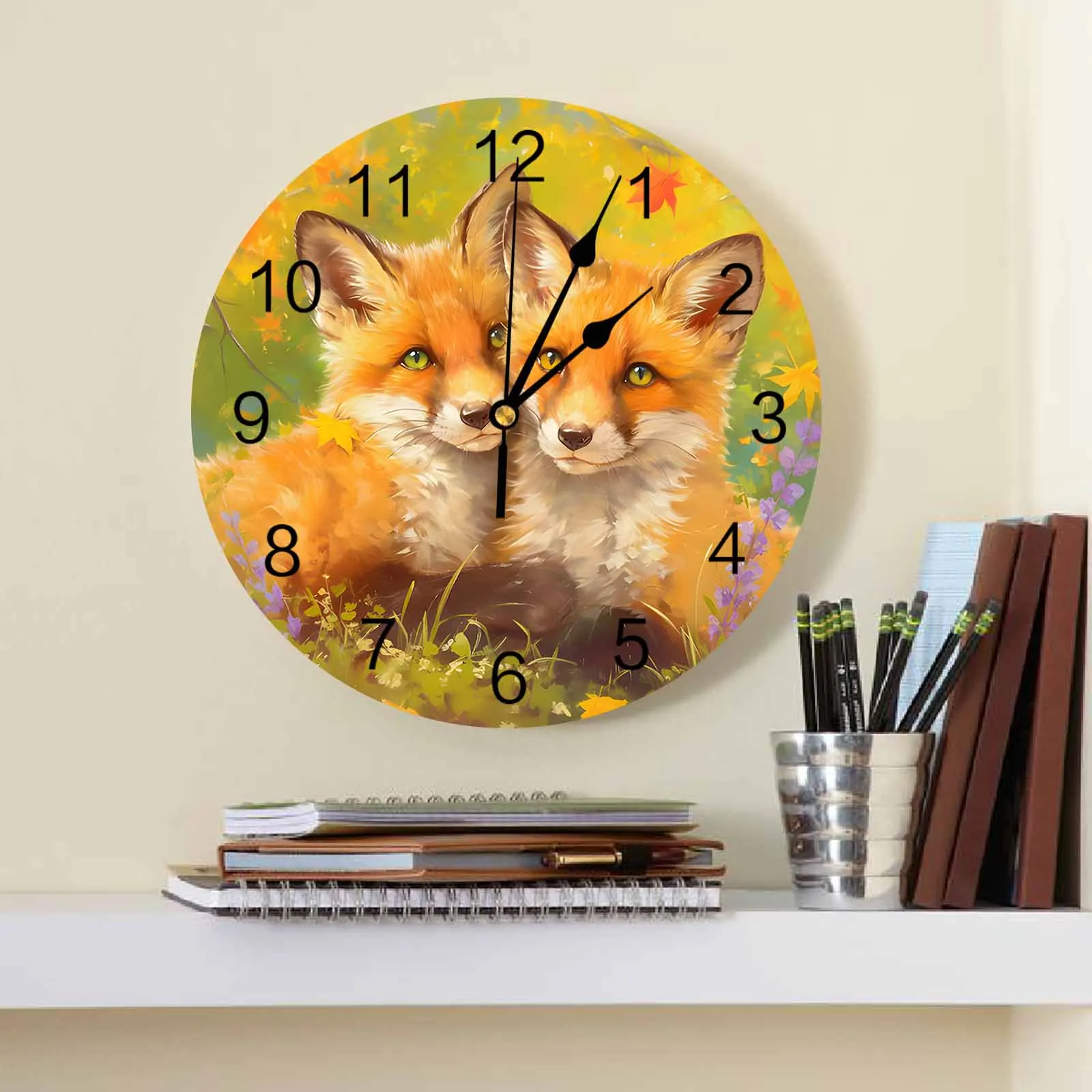 Two Foxes With Maple Leaves In Autumn Printed Wall Clock Modern Silent Clock Living Room Home Decor Wall Hanging Watch