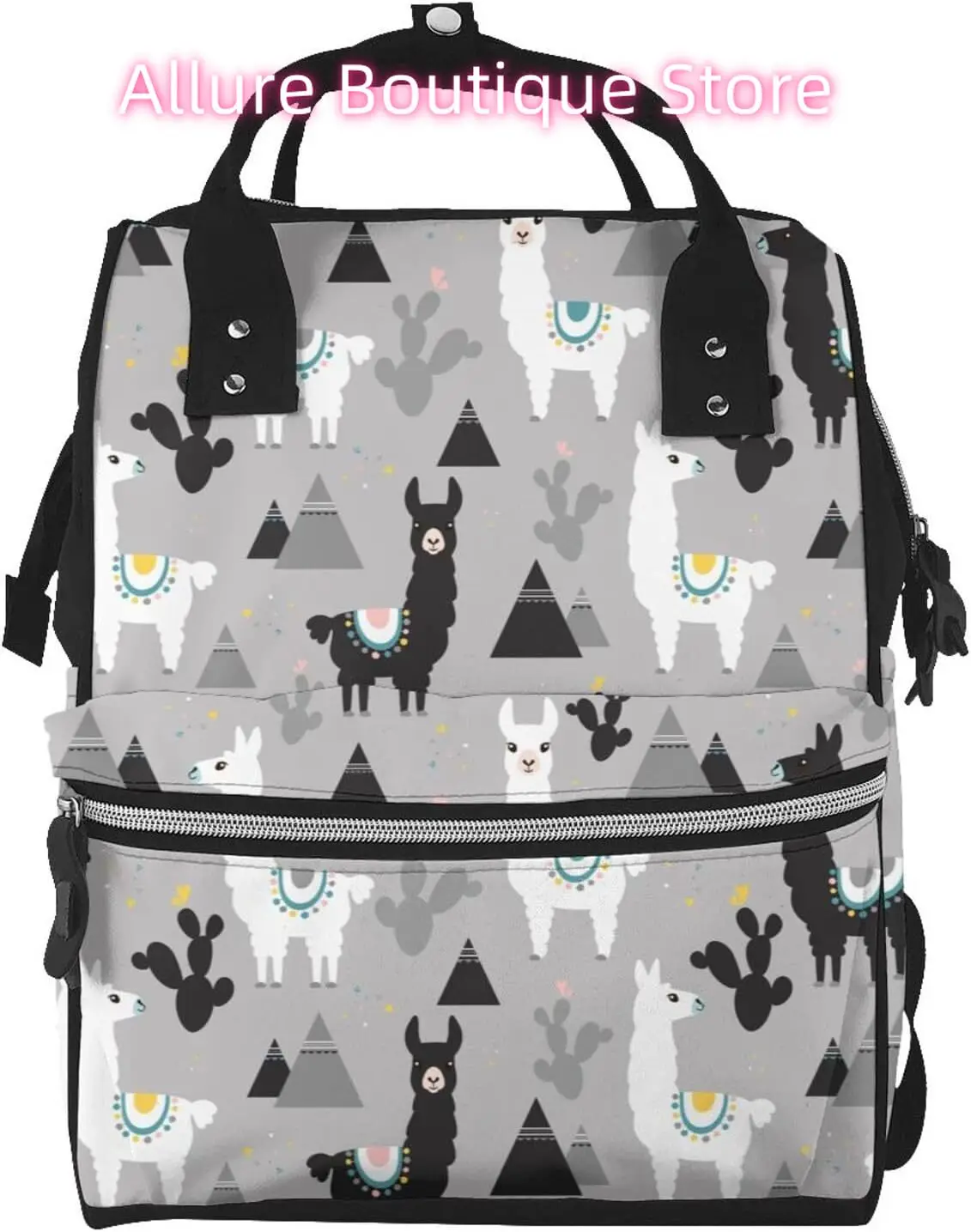 

Black White Alpaca Diaper Bag Backpack for Women Large Capacity Nappy Bag Multifunction Waterproof Mummy Backpacks for Mom Dad E