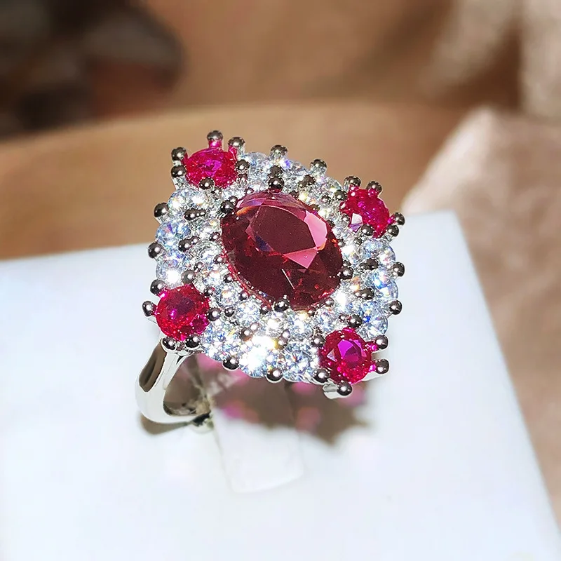 Feminino Red Gemstone Pombo Anel Banquete de Casamento, Cocktail Ball Acessórios, Prata 925, Novo Simulação Presente, Atacado