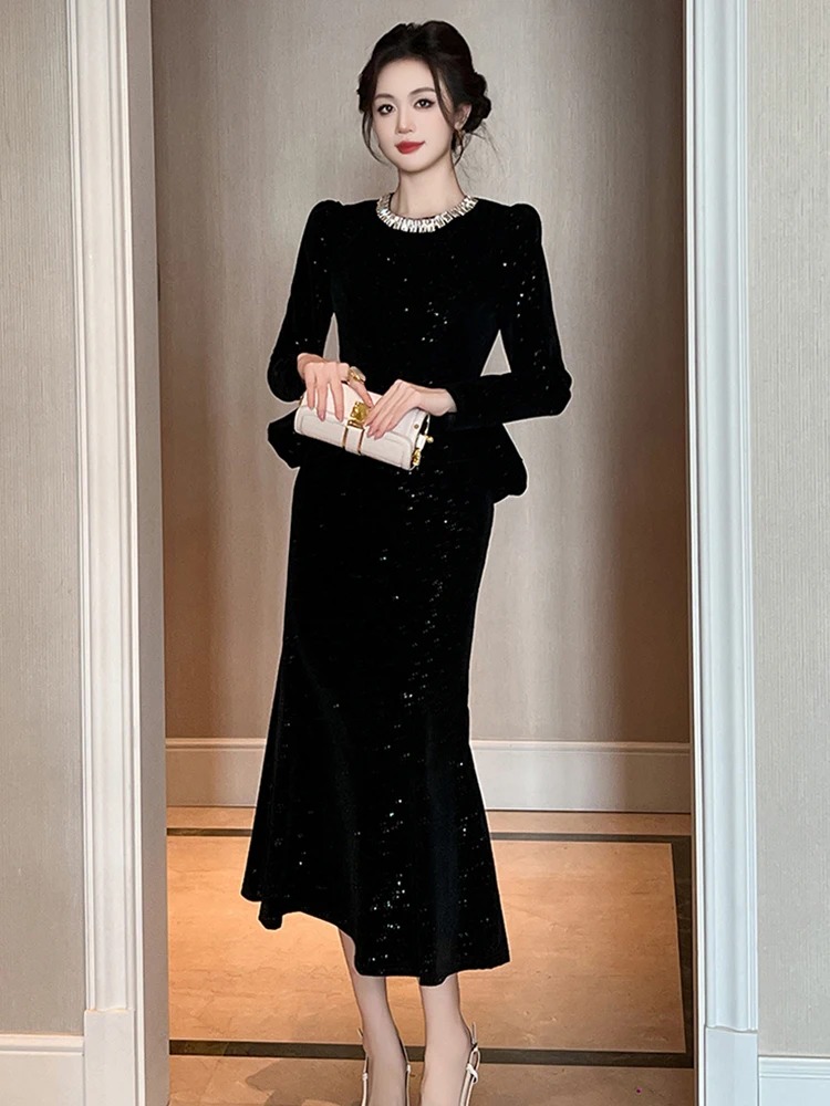 ملابس حريمي وهمية 2 قطعة أسود لامع س الرقبة سليم ذيل السمكة فستان طويل أنيق فاخر سيدة موضة حفلة موسيقية Vestidos رداء جديد