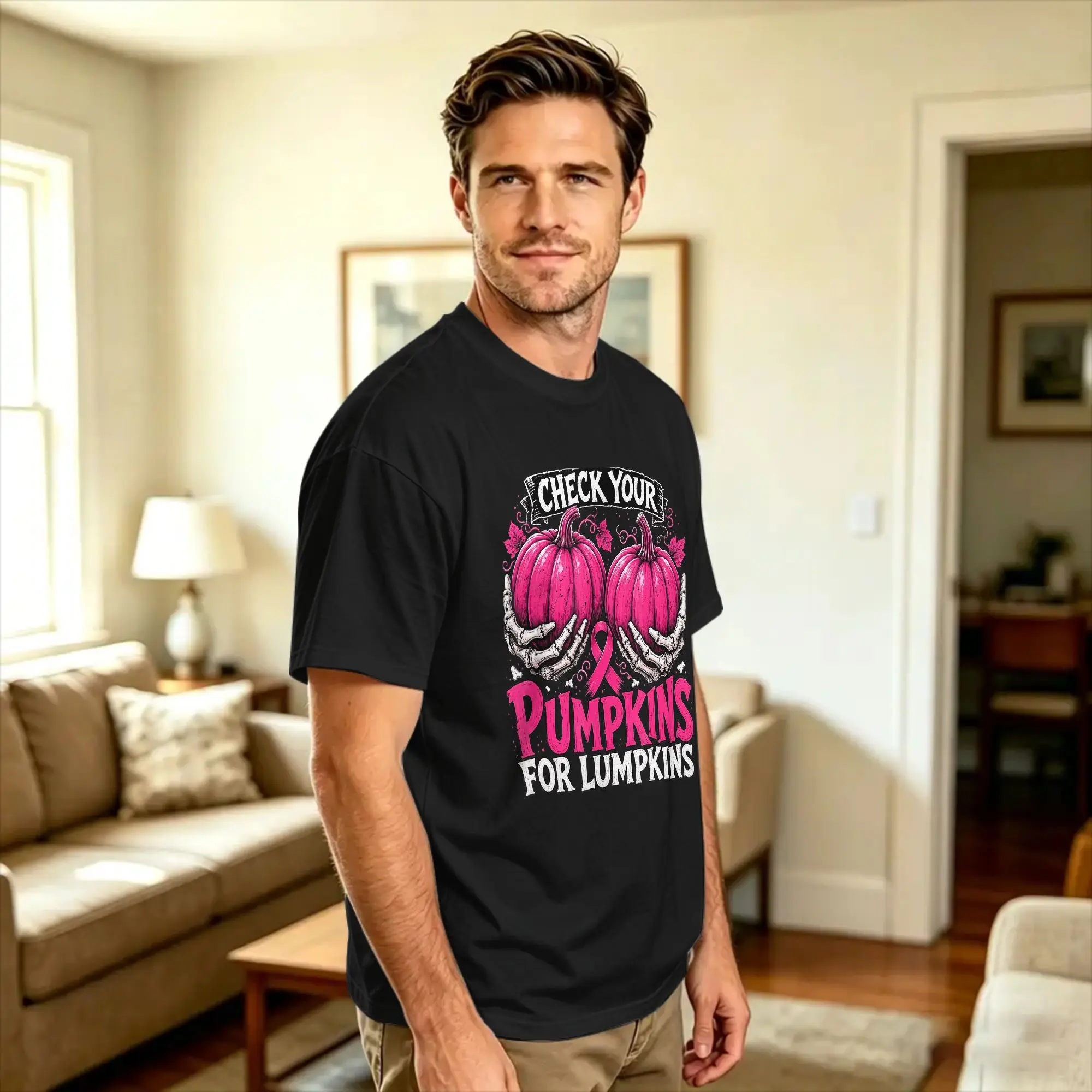 Check Your Pumpkins Halloween Breast Cancer Awareness Cotton T-Shirt For Men's Summer  Vintage T Shirts Hipster Tee Shirt