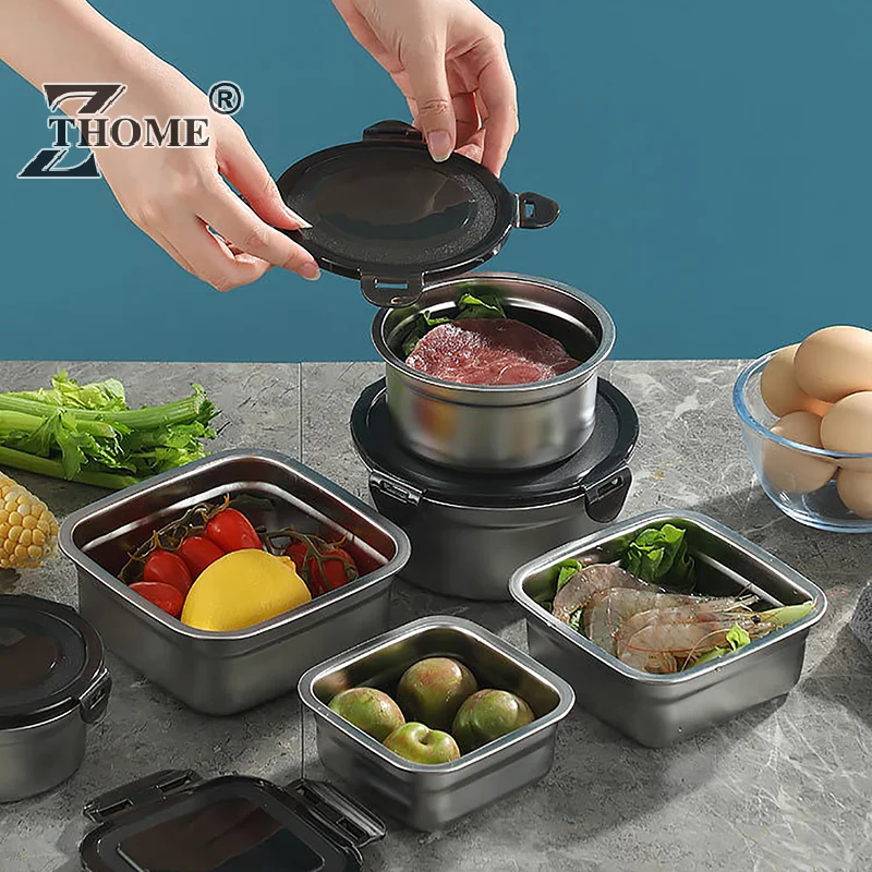Stainless Steel Food Container Fresh Keeping Box Sealed Lid Crisper Lunch Meal Prep Storage Fridge Kitchen Set Round Square Bowl