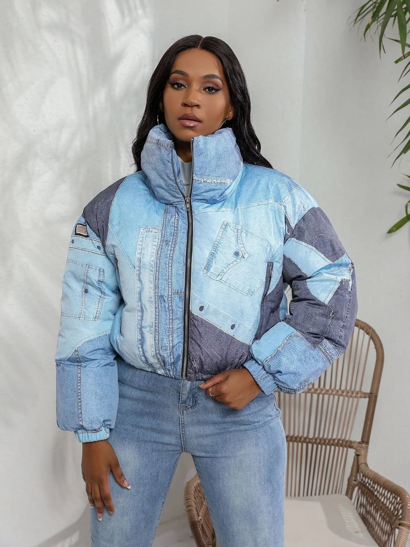 

Women Puffer Coat Winter Fashion Denim Printed Long Sleeve Thick Puffer Jacket Streetwear Casual Womens Turtleneck Down Coats