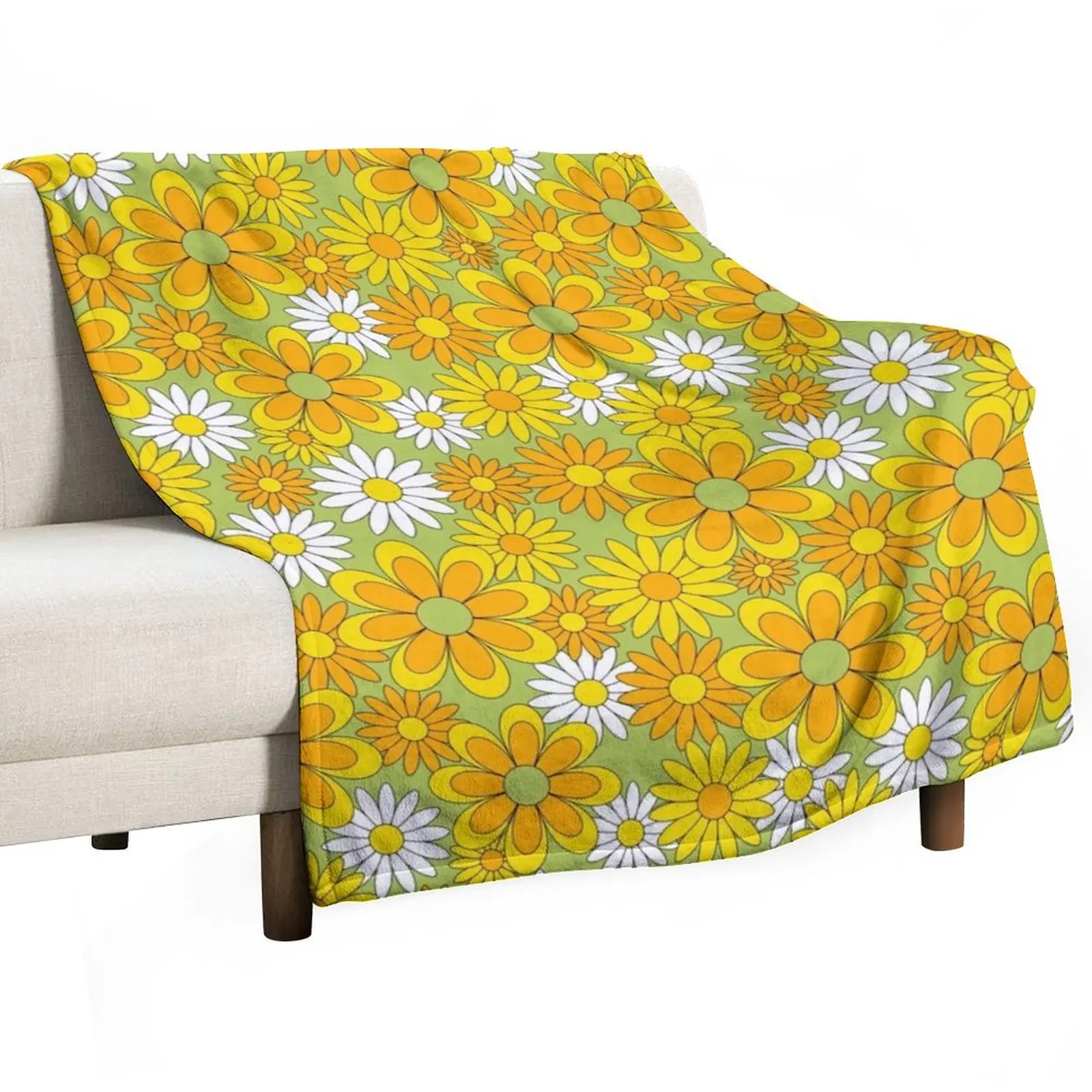 

70s Flower Power Green Orange Yellow Retro Daisy Throw Blanket Flannels Blankets For Baby Blankets