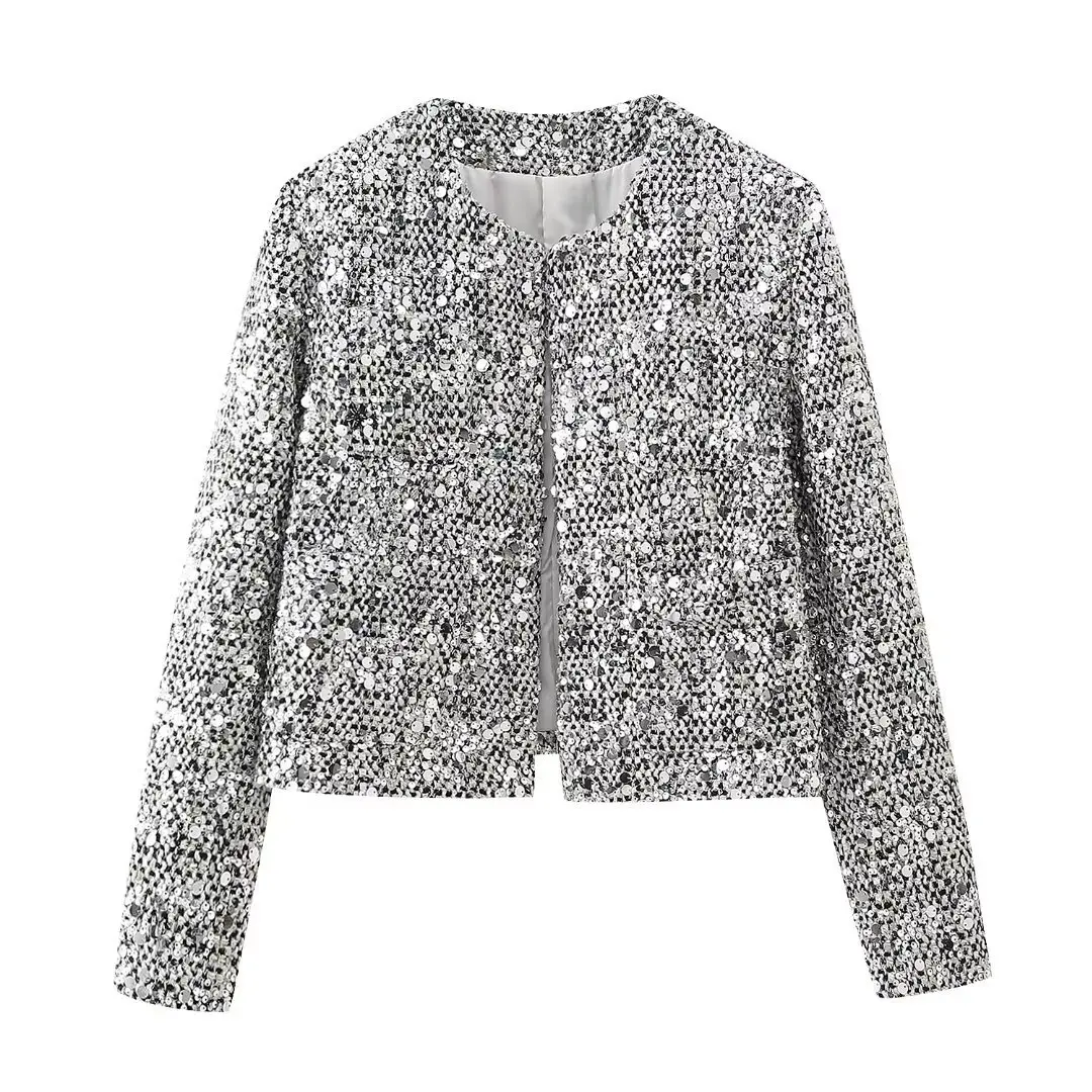 Women Chic Silver Sequin Embellished Short Jacket Casual Round Neck Long Sleeved Pockets Cardigan Autumn Lady Elegant Coats