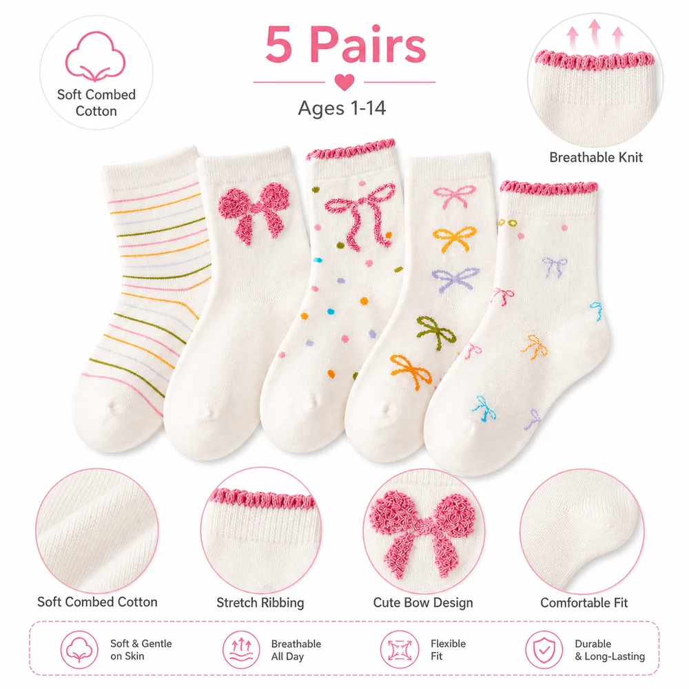 5 Pair Set Ruffle Bowknot Baby Socks Cotton Soft Elastic Girls Ankle Socks Breathable Print Pattern Children Sports Socks School