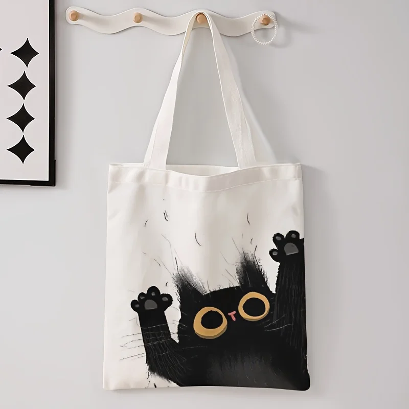 1pc Men\'s Hand-painted Cat Pattern Double-sided Print Casual Tote Bag, Trendy Reusable Backpack, Versatile Shopper Bag