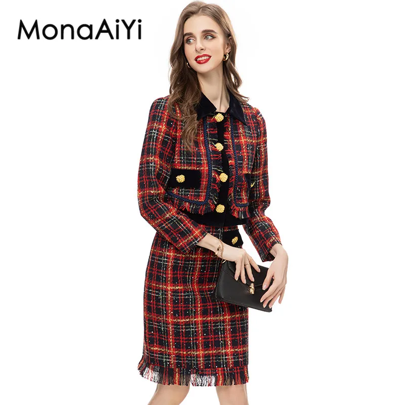 MonaAiyi-Casaco Xadrez High Street Feminino e Conjunto de Saia Midi, Colarinho Turn-Down, Designer de Moda Runway, Qualidade Superior, Mais Novo, 2Pcs, 2023