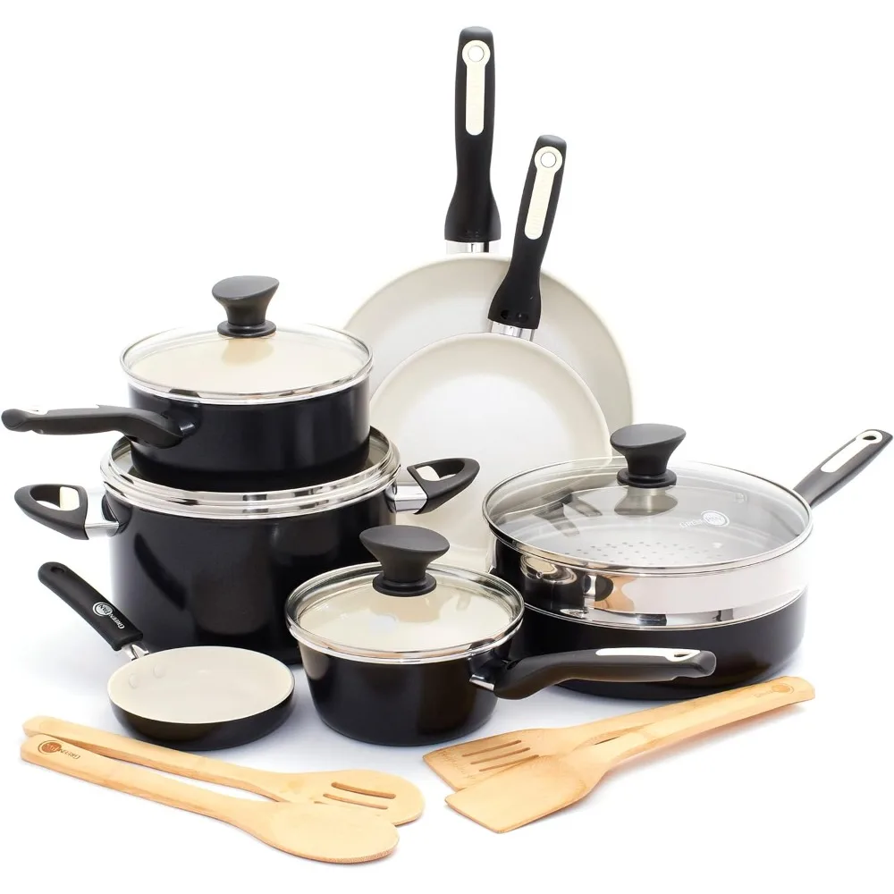 

Rio Healthy Ceramic Nonstick 16 Piece Cookware Pots and Pans Set, PFAS-Free, Dishwasher Safe