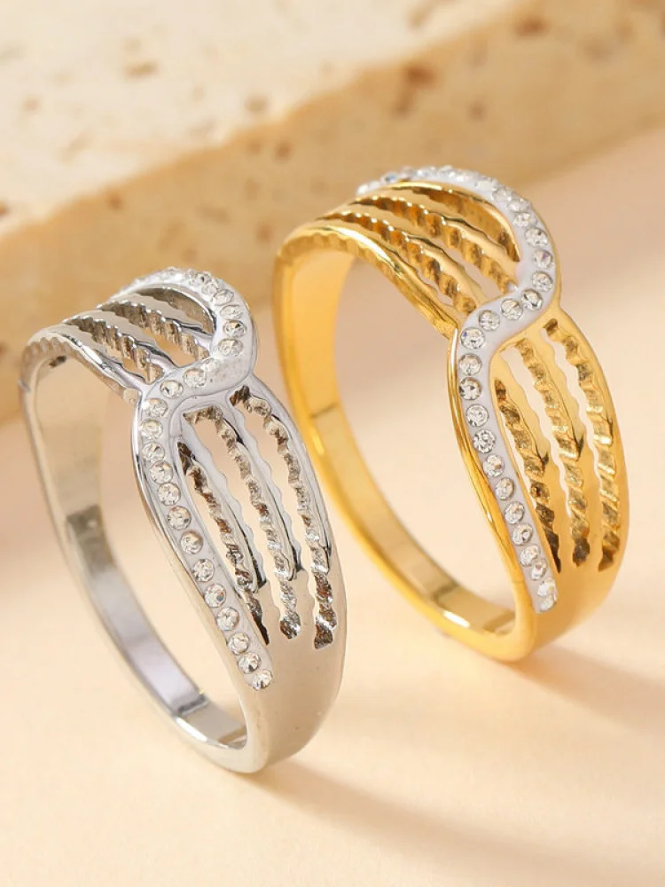 

Кольцо из титановой стали с ажурной резьбой, многослойное, с инкрустацией из искусственного алмаза, модное украшение для женщин