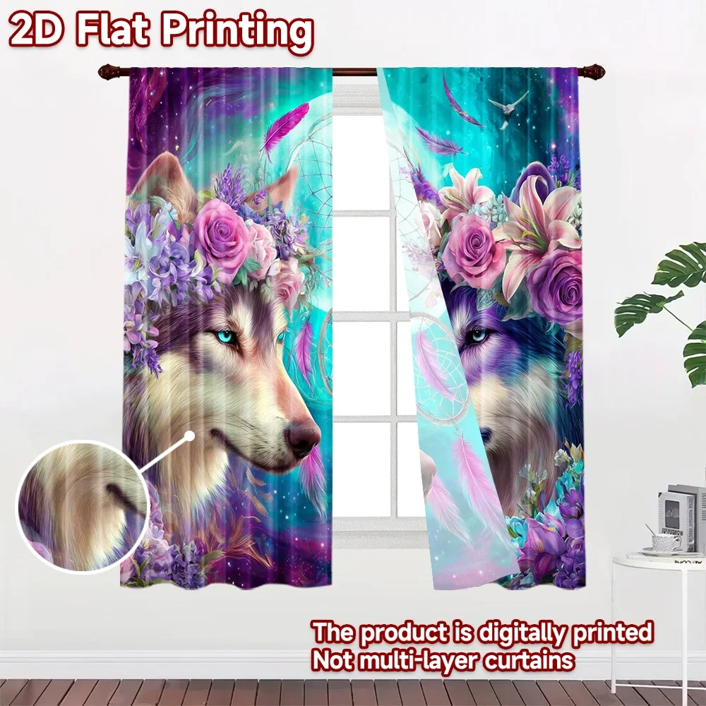 2D flat printing 2pcs Curtains Dreamcatcher Wolf Floral Boho Digital Printed Polyester Drapes Festive Wall Decor Perfect for