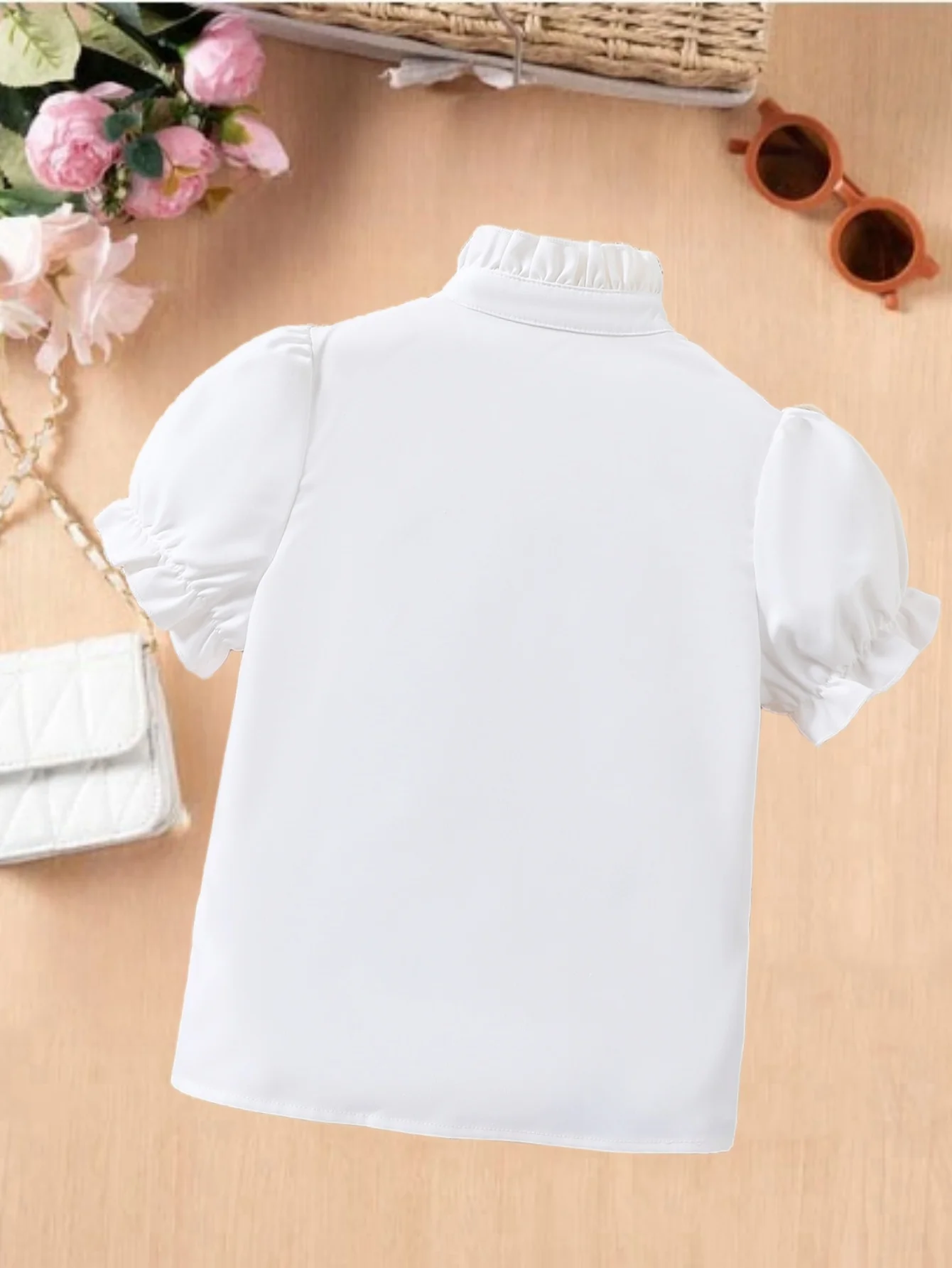 New summer girls' shirt, white short sleeves, ruffled decoration, comfortable and breathable
