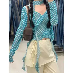 V-Neck Plaid Korean Fashion Summer Women's Two-piece Top Camisole Flowy Thin Comfortable Office Lady Fairy Slim Chic Cardigan