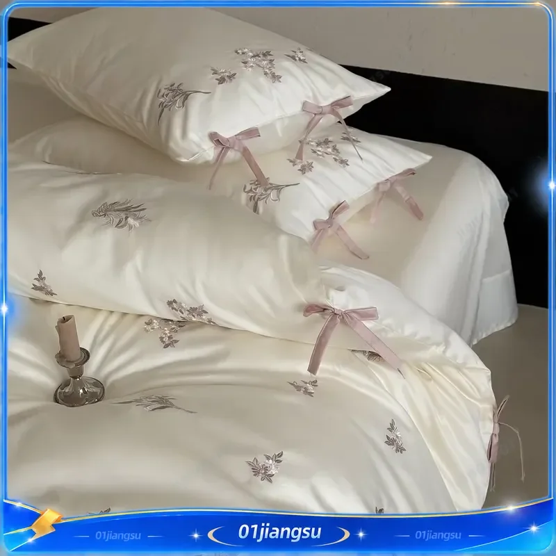 Floral Embroidery Bow Princess Bedding Set 600TC Egyptian Cotton Queen King Duvet Cover Flat Fitted Sheet Pillowcases 4Pcs