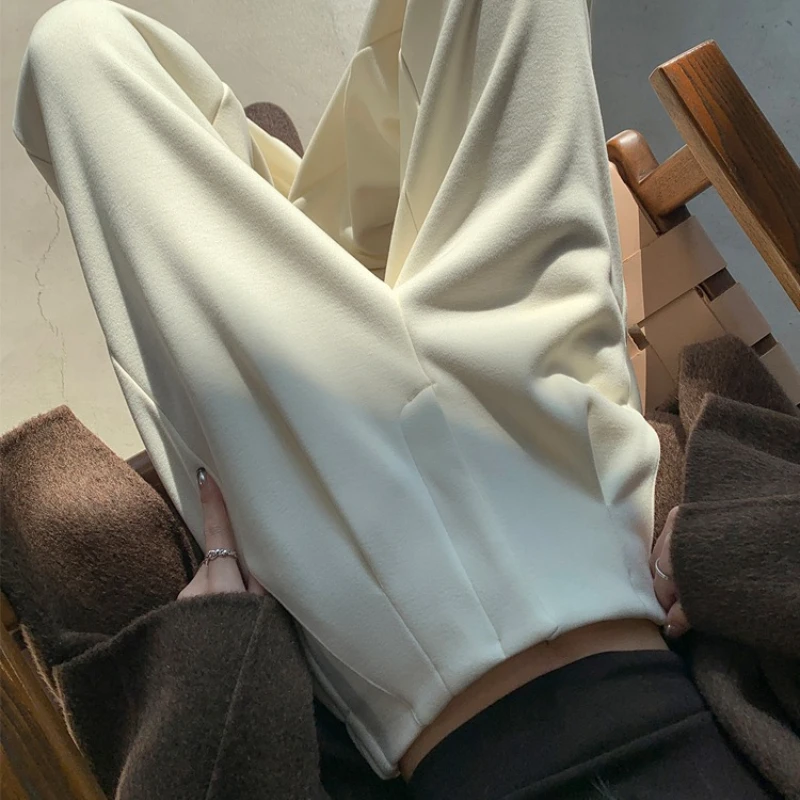 Alta qualidade cashmere calças de perna larga feminina outono inverno calças de cintura alta feminino casual streetwear calças de perna reta 2025