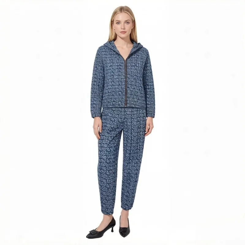 

Miyake Pleated New 2026 Blue and White Jacquard Pleated Thin Cotton Set Cardigan Zipper Jacket Fashion Casual Harem Pants Pleat