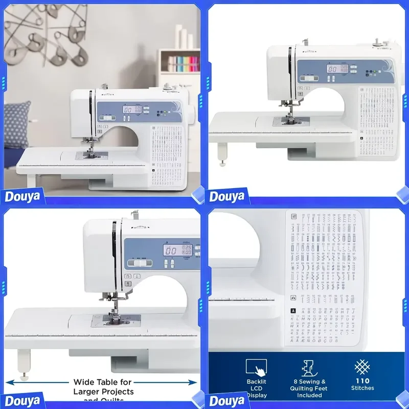 Sewing and Quilting Machine Computerized 165 Built in Stitches LCD Display Wide Table with 8 Presser Feet White