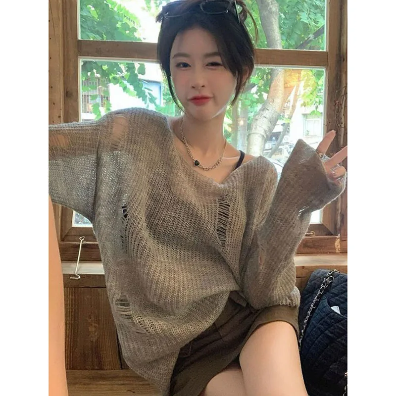 

Lazy Style Hole Knitted Pullovers Women Autumn Vintage Loose Long Sleeved Knitwear Woman Streetwear Trend Sun-Proof Tops