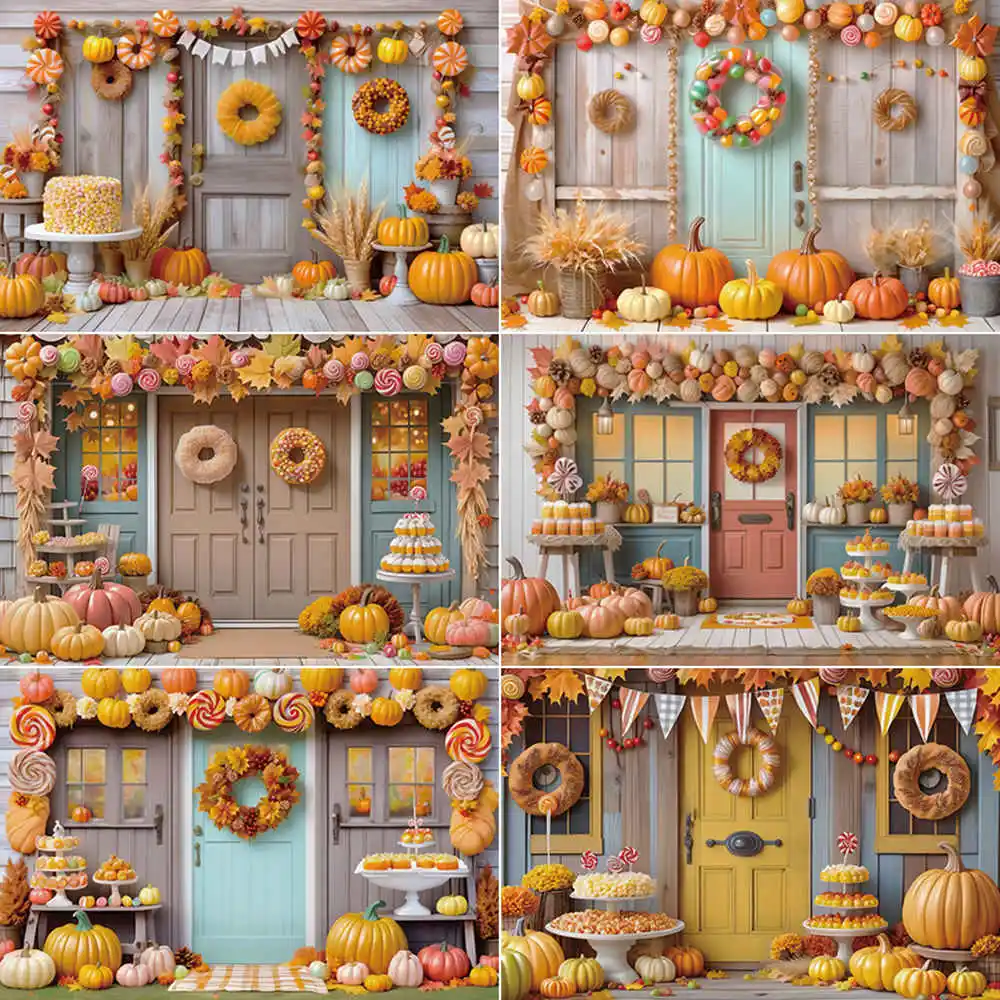 

MOON.QG 2025 Autumn Thanksgiving Party Photography Studio Backdrop Pumpkin Wreath Door Candy Background Harvest Decor Back Drop