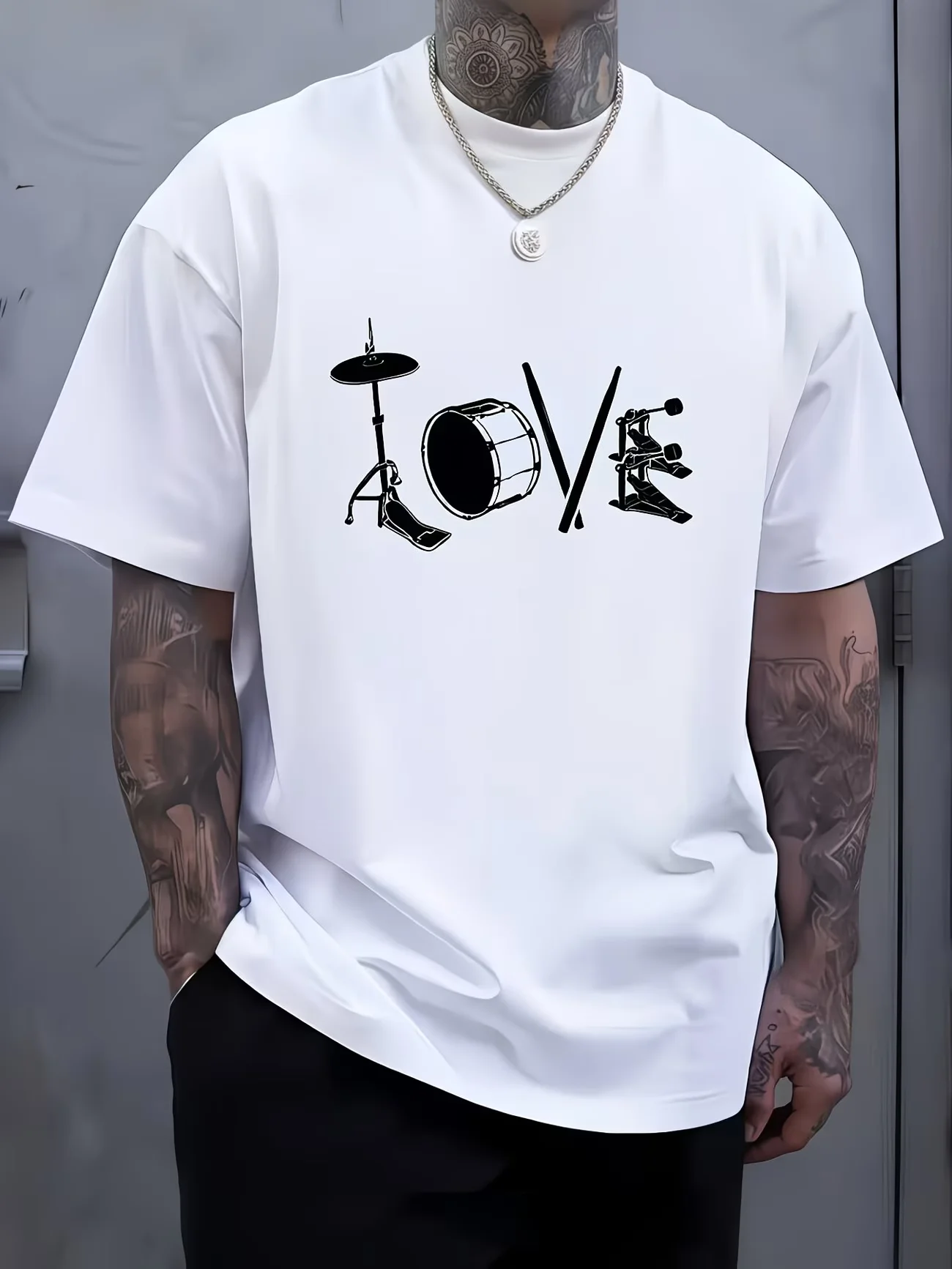LOVE Hi-hat Bass Drum Drumsticks Kick Pedal Graphic Men's T Shirt Cotton Tee Women Summer Oversize Loose Novelty Harajuku O-Neck