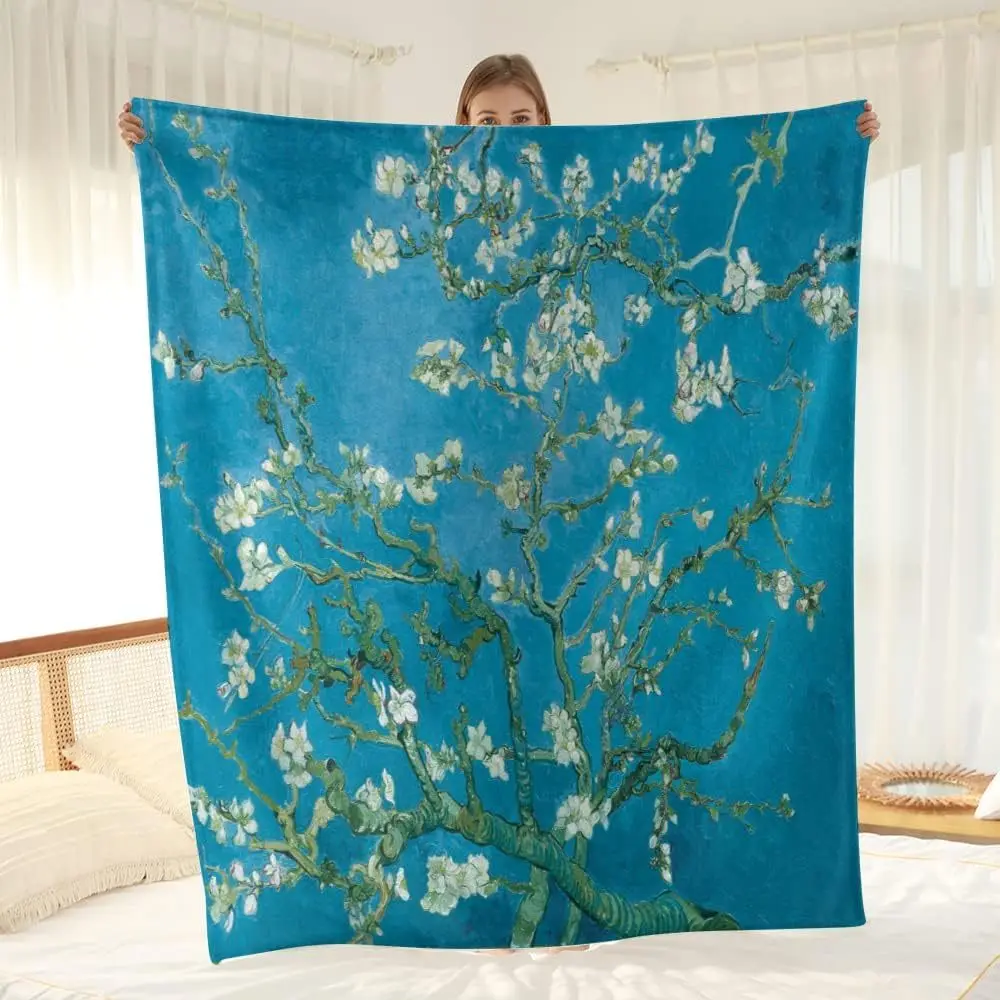 Vintage Almond Blossom Tree Pattern Soft Flannel Throw Blanket - All-Season Cozy Sofa Throw for Watching TV - Gift