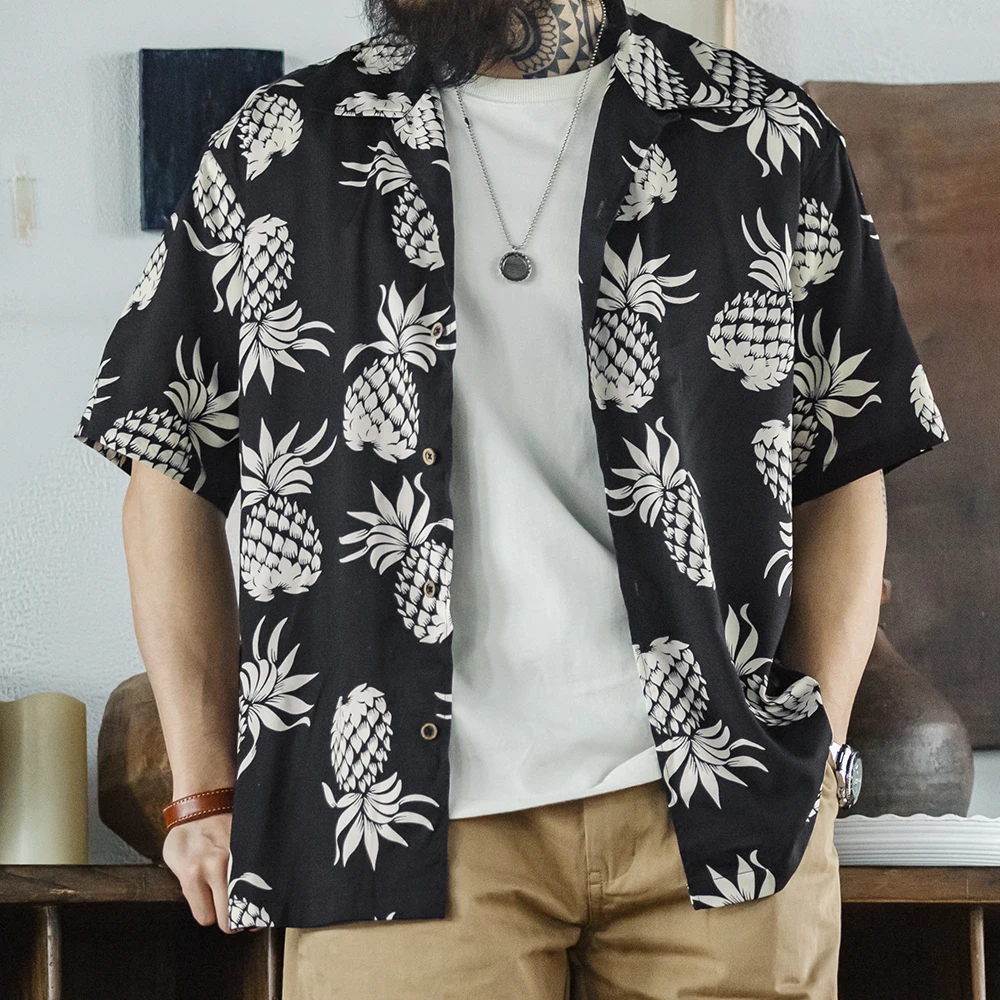 

Maden Vintage Hawaiian Pineapple Print Shirts for Men Beach Holiday Short Sleeve Shirt Summer Causal Vacation Tops Loose XL XXL