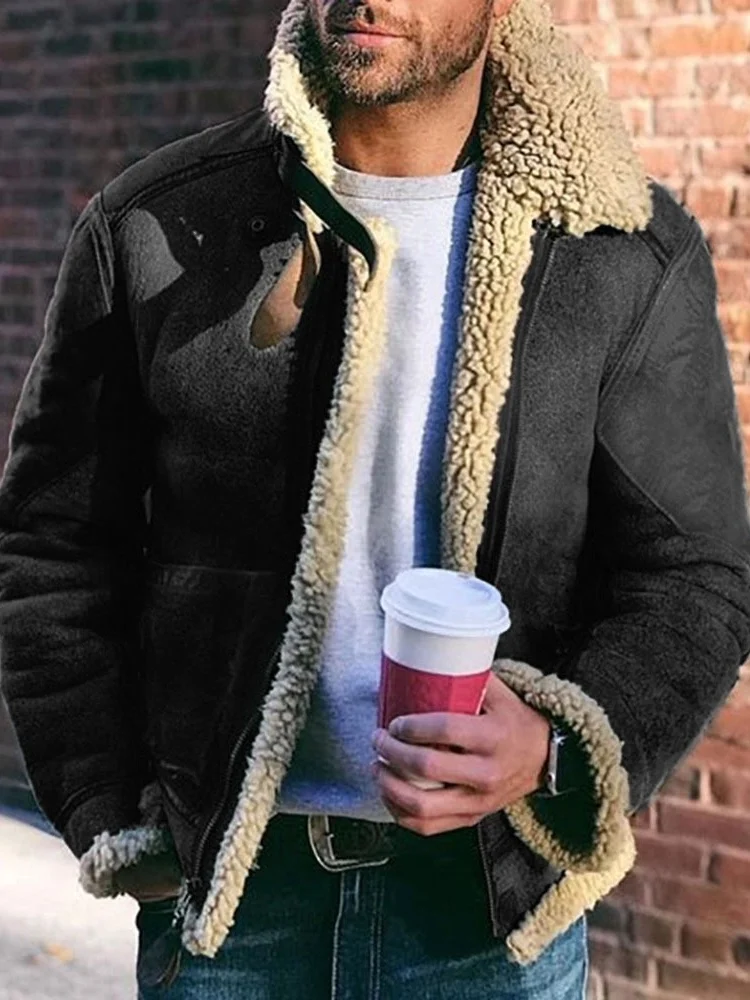 

Autumn Winter Men's Woolen Coat Plu Leather Button Retro Tweed Material Jaet Stand Fit Daily Wear Long Sve Zipper