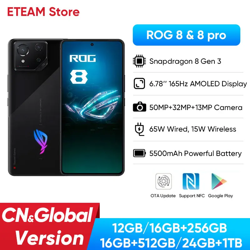 Asus-rog e Pro 5g Gaming Phone Snapdragon Gen 678 Tela Amoled de 165hz 5500mah Carga Rápida de 65w Rom Global Novo 2023