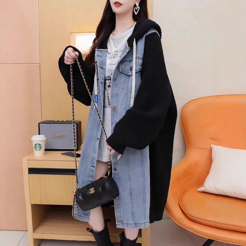 

Autumn Winter Hooded Spliced denim Coat for Women Causal Loose Long Sleeved Mid Length Over Knee Knitting Cardigan Jacket