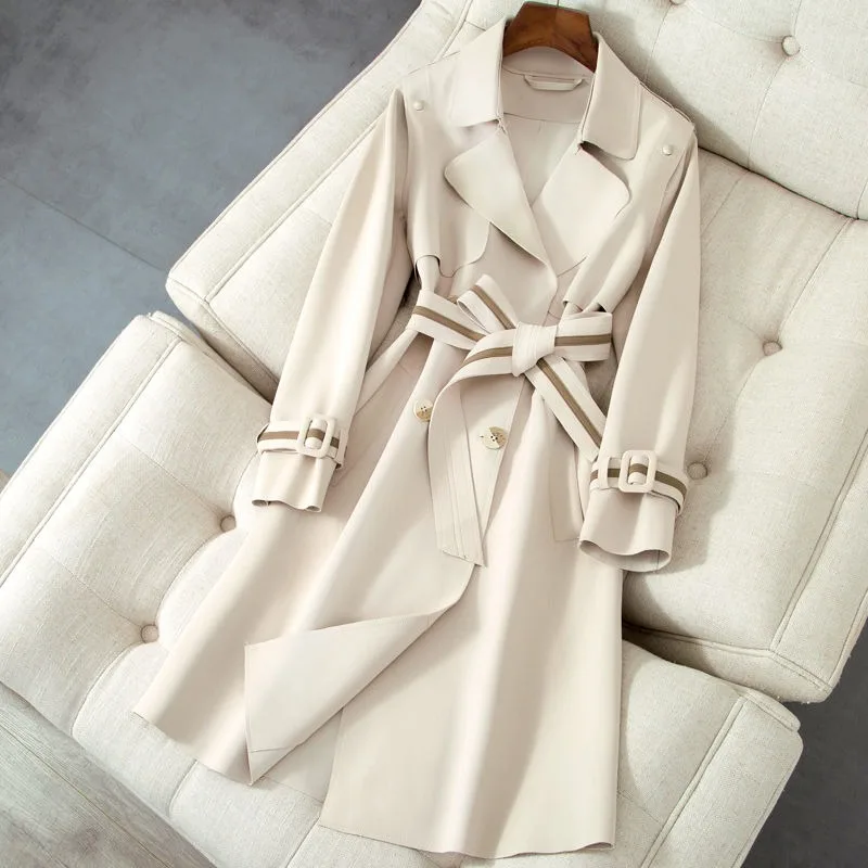 

2023 Women New High-end Autumn Trench Coat Slim Mid-length Drape Effect Small Fellow Waisted Jacket Tailored Collar Overcoat