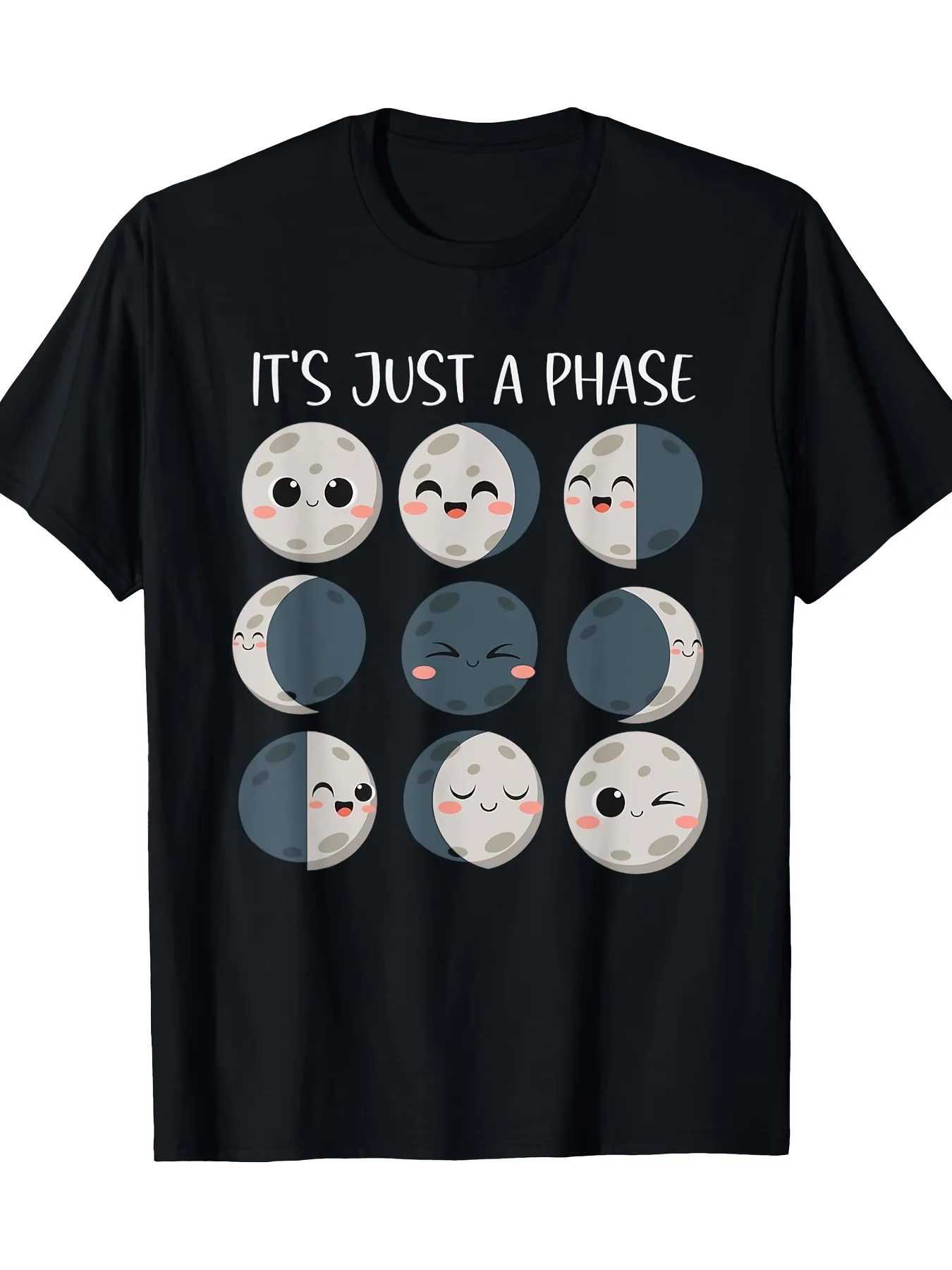

Хлопковая футболка Moon Phases для учителей естественных наук — легкая, 100% хлопок, с круглым вырезом с короткими рукавами, черная, с «It's Just a Phase»