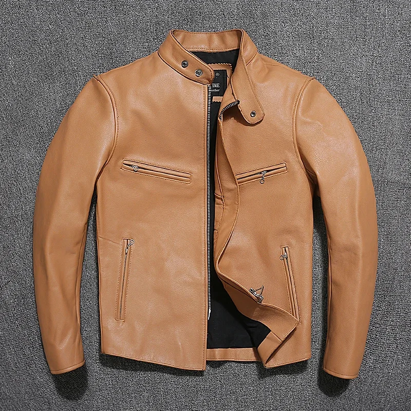 

shipping.Cool Free Men motor Riker leather jacket.sales young fashion cowhide coat.short slim fit real clothes.