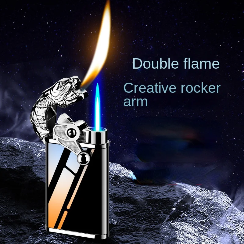 New Blue Flame Metal Rocker Arm Ignition Tiger Head Double Fire Dragon Lighter Creative Windproof Open Fire Conversion Lighter