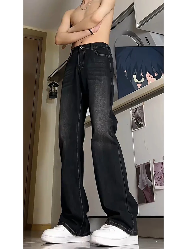 

Extended Length Fce Lined Straight Leg Micro Flared Stretchy Retro Bla Denim Jeans American High Street Vibe Men's Jeans